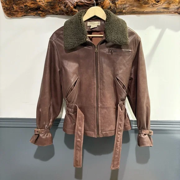 Colebrook & Co Vintage Women's Brown Leather Bomber Jacket Shearling Collar - Picture 14 of 14